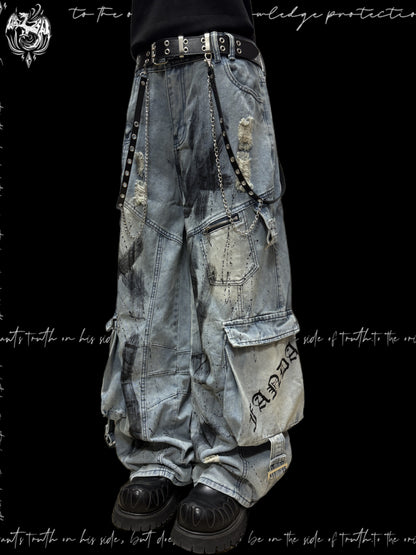 Paint Splash Damage Cargo Wide Leg Denim Jeans & Skull Belt & Belt Chain WN23817