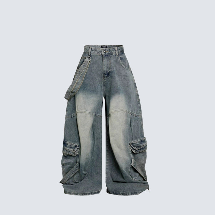 Bleached Cargo Pocket Wide Leg Denim Jeans WN27998