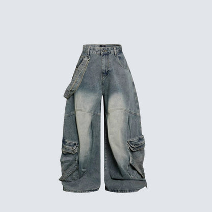 Bleached Cargo Pocket Wide Leg Denim Jeans WN27998