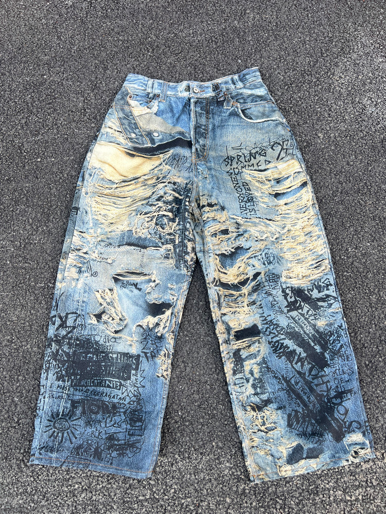Abstract Print Wide Leg Denim Jeans WN24080