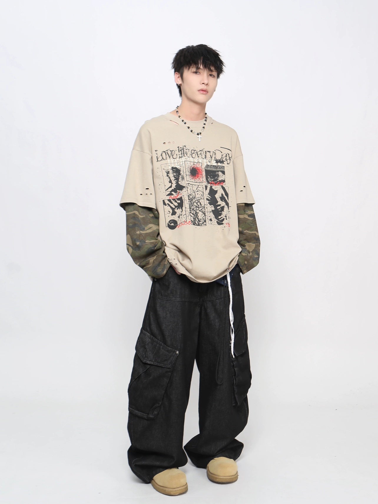 Camouflage Fake Layered Damage Hole Long Sleeve T-Shirt WN21037