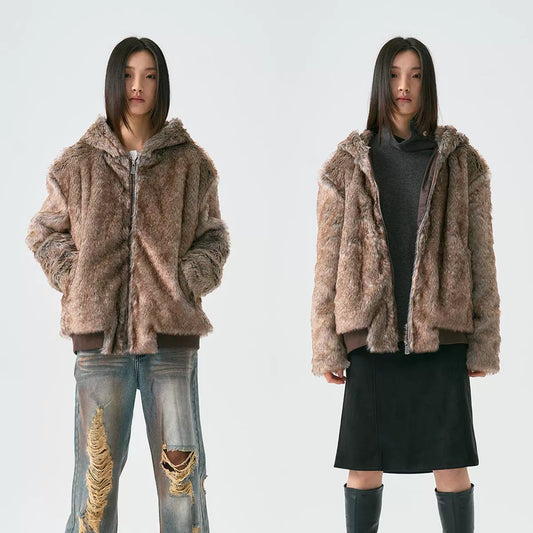 Fake Fur Hooded Zipper Jacket WN19025