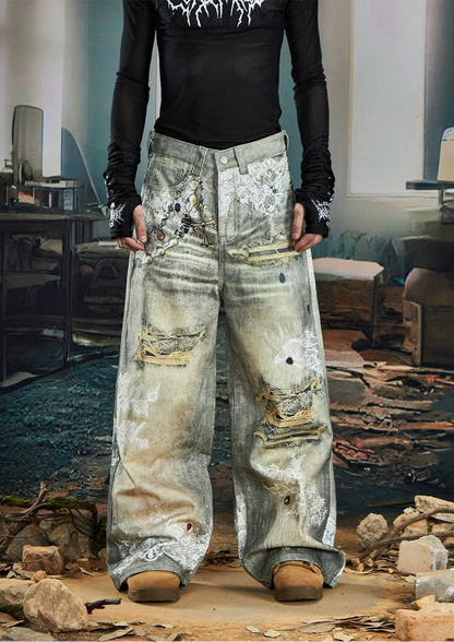 3D Lace Bead Print Straight Denim Jeans WN20578