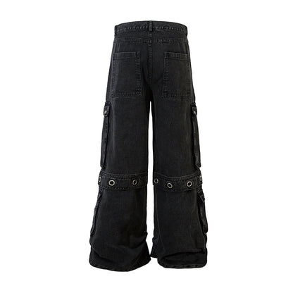 Washed Eyelet Cargo Denim Jeans WN25447