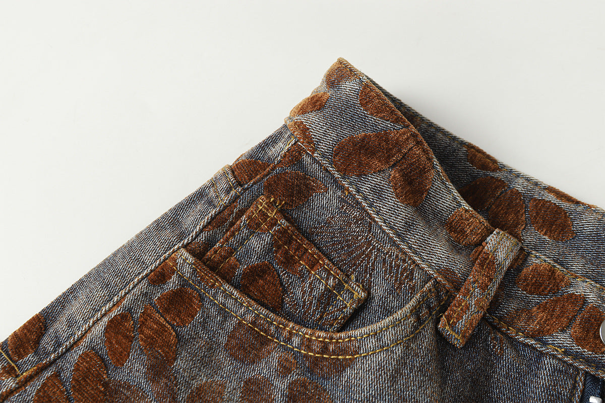 Flocked Wide Leg Curved Denim Jeans WN23031