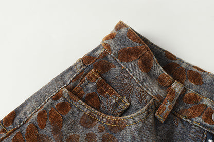 Flocked Wide Leg Curved Denim Jeans WN23031