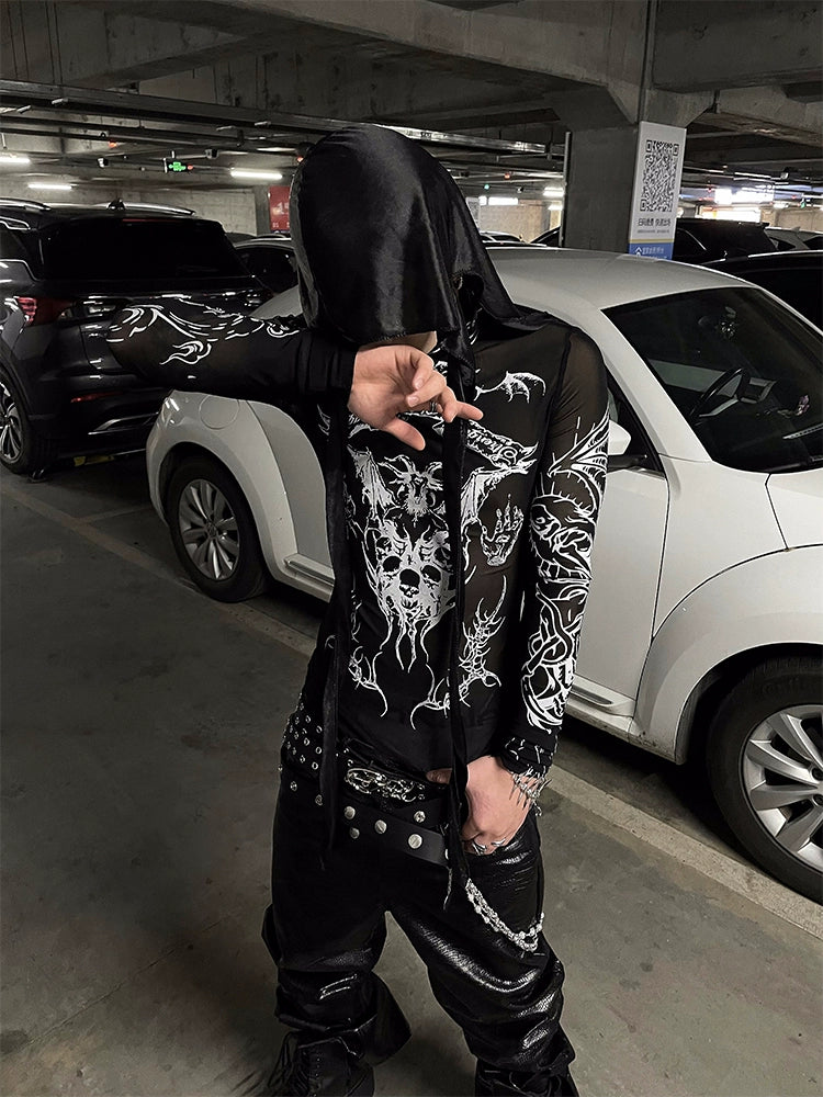 Mesh See-Through High-Neck Long Sleeve T-Shirt WN16309