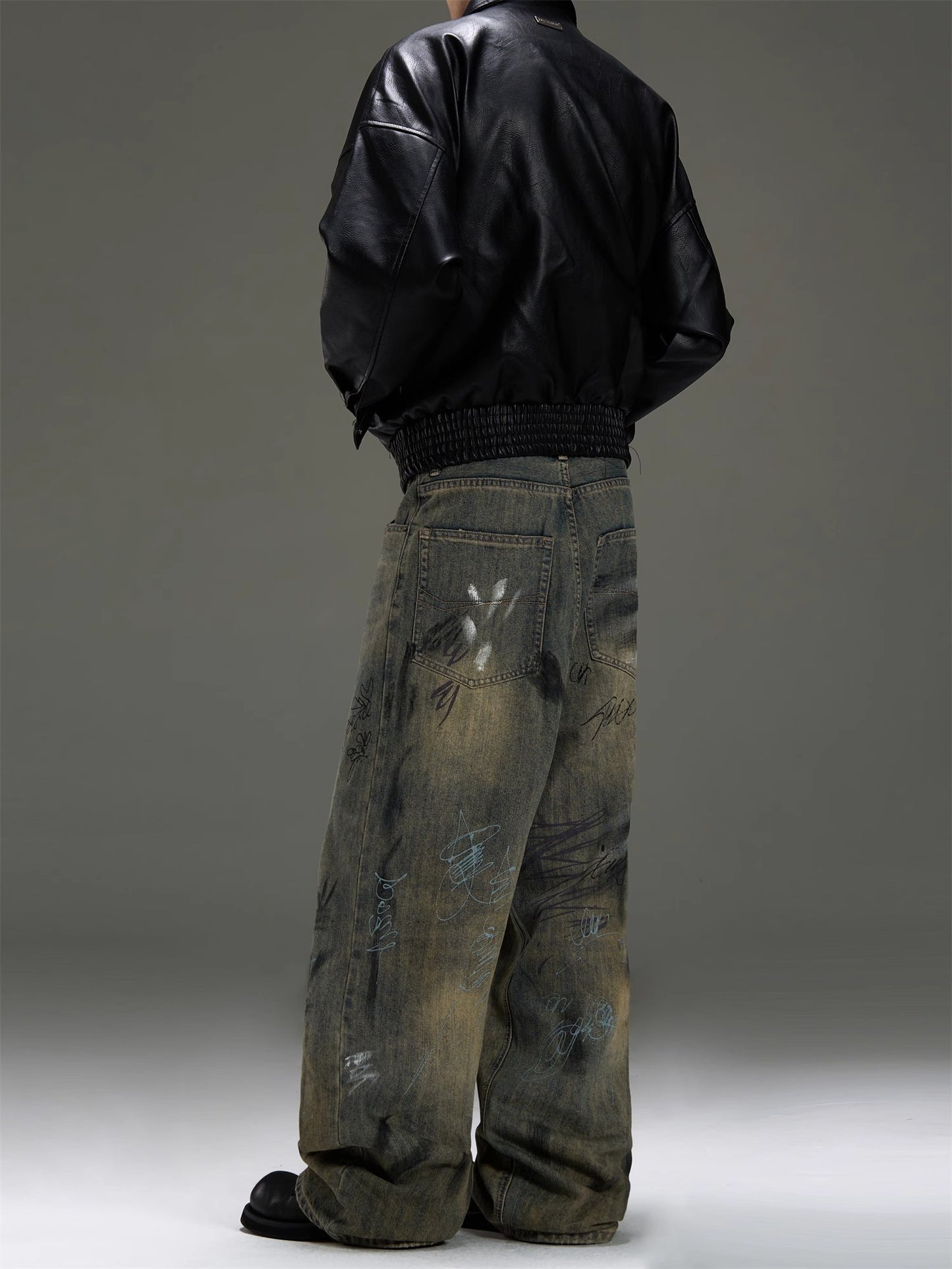 Heavyweight Graffiti Splashed Ink Design Wide Leg Straight Denim Jeans WN8444