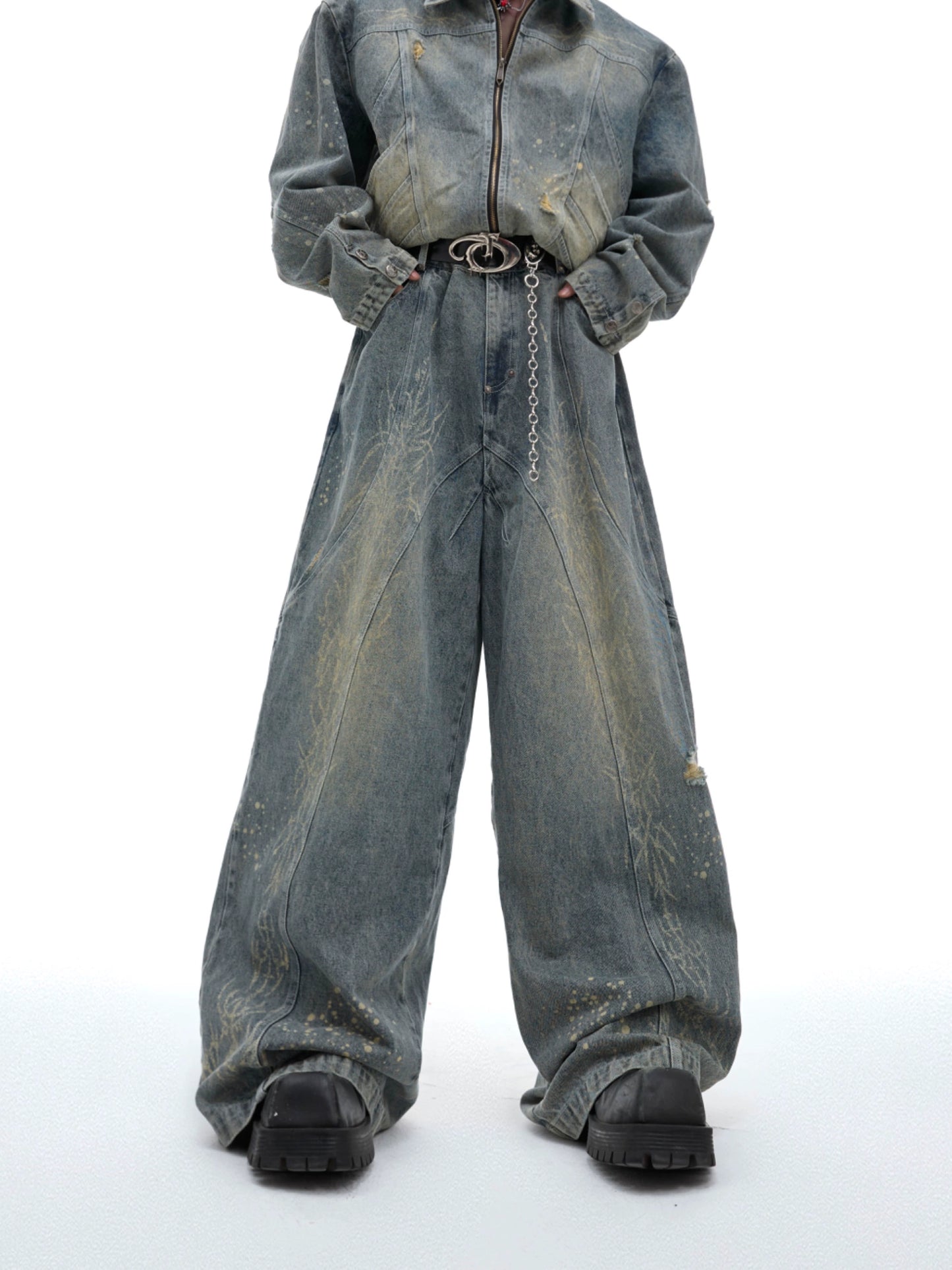 Heavy-Duty Washed Denim Jacket & Wide Leg Denim Jeans WN8669