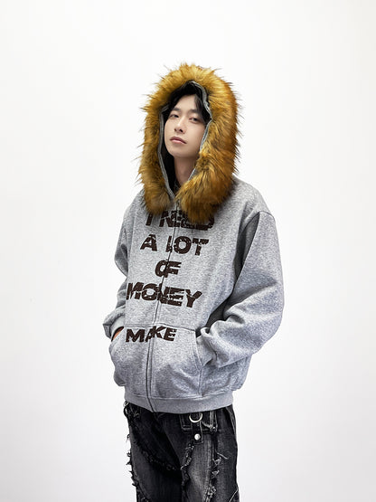 Letter Detachable Fake Fur Fleece Lining Hoodie WN24252
