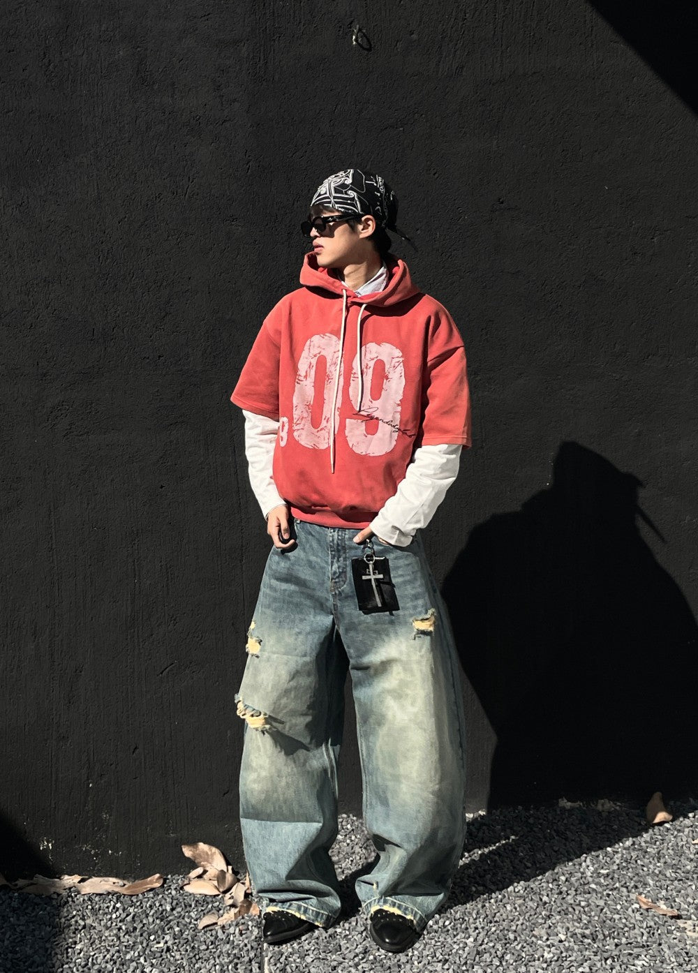 Washed Fake Layered Number Graphic Hoodie WN28120