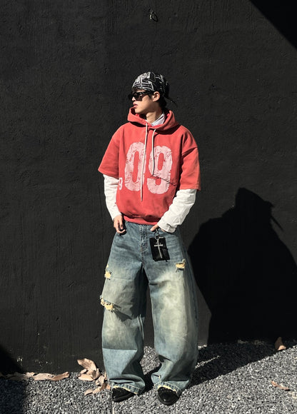 Washed Fake Layered Number Graphic Hoodie WN28120