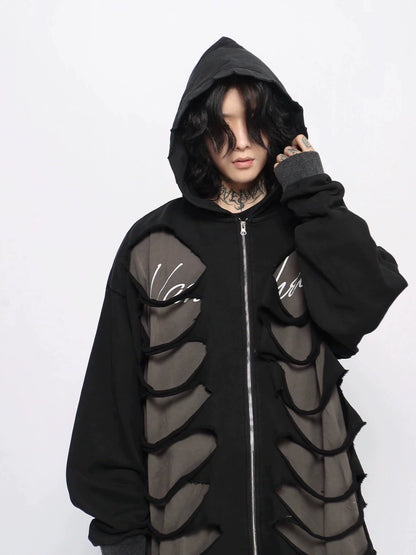 Hollow-Out Damage Design Zipper Hoodie WN10954