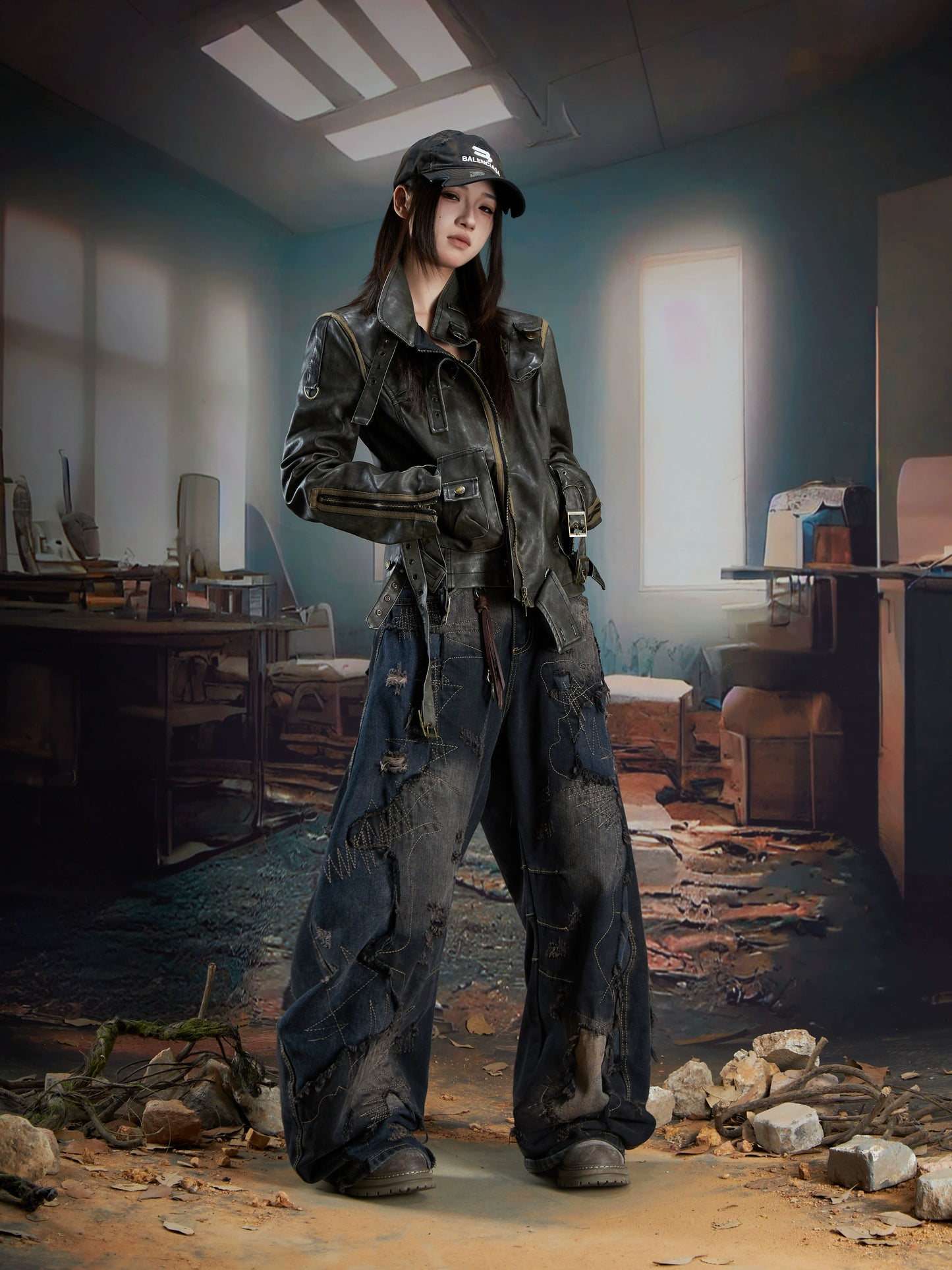 Deconstruction Washed Damage PU Leather Jacket WN21355