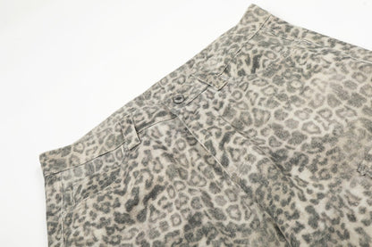Leopard Print Washed Multi-Pocket Wide Leg Denim Jeans WN27926