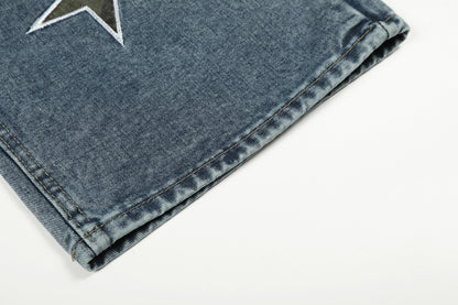 Washed Star Applique Wide Leg Denim Jeans WN25451