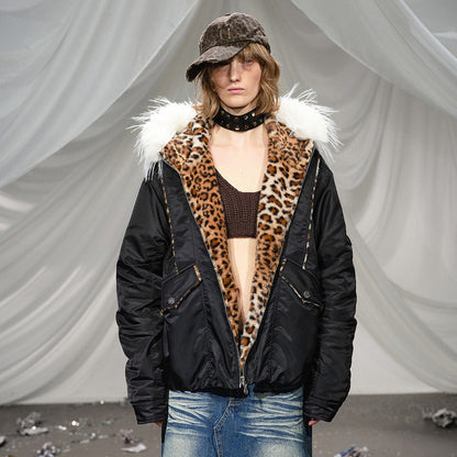 Fake Fur Collar Leopard Fleece Lining Puffer Jacket WN21924