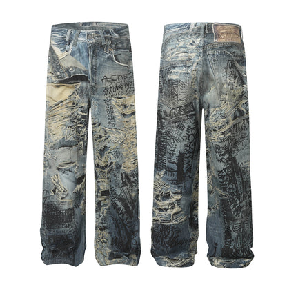 3D Graffiti Print Washed Wide Leg Denim Jeans WN18595