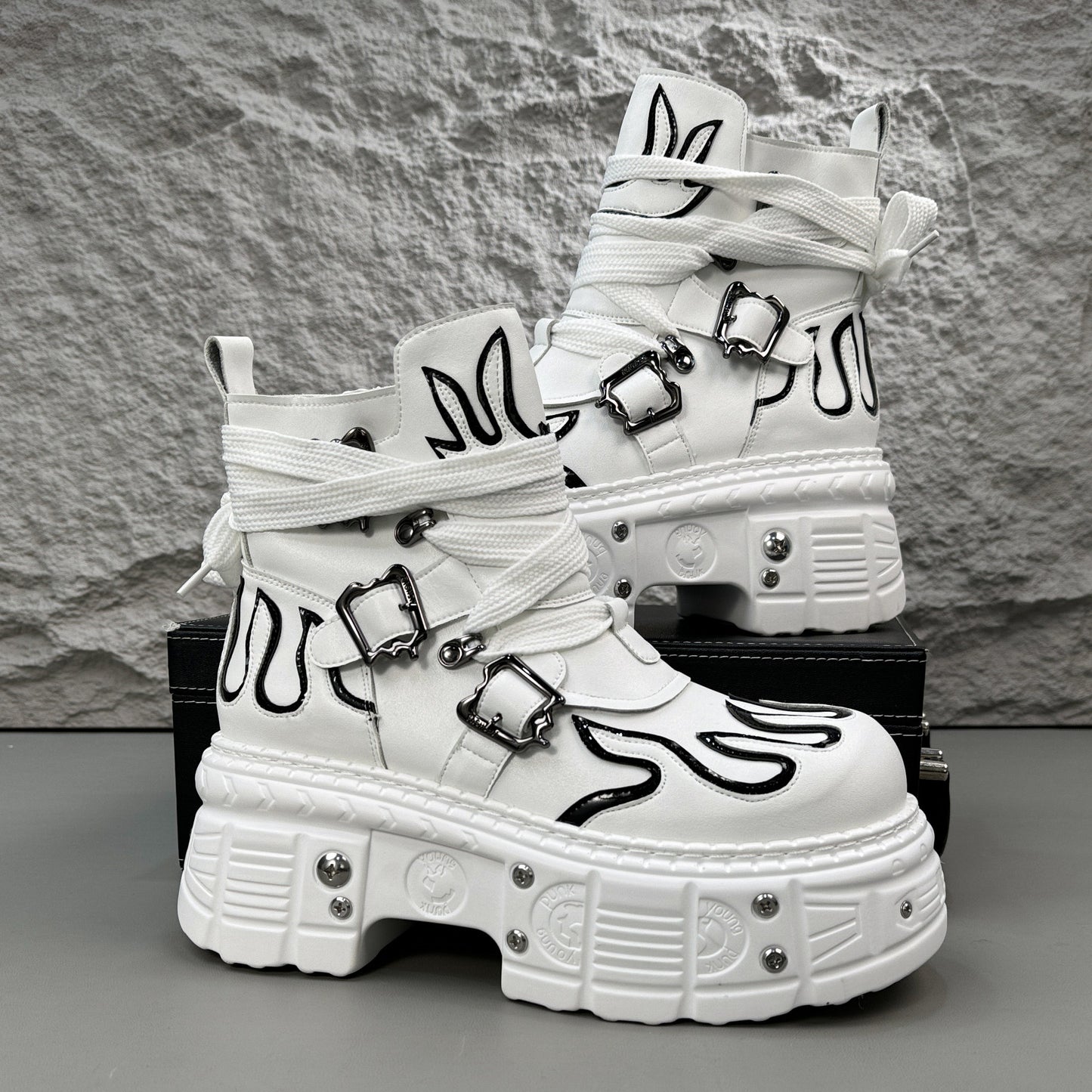 Flame Embroidery Strap Buckle Platform Short Boots WN24578