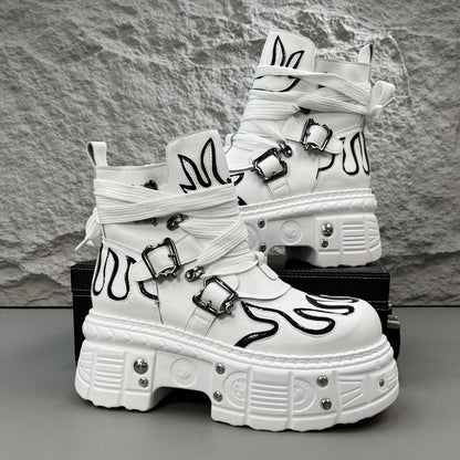 Flame Embroidery Strap Buckle Platform Short Boots WN24578