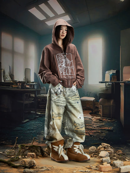 Print Short Slim Double Zipper Hoodie WN20577