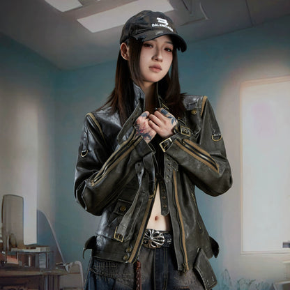 Deconstruction Washed Damage PU Leather Jacket WN21355