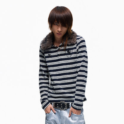 Stripe Detachable Fake Fur Collar Embroidery Long Sleeve T-Shirt WN27357