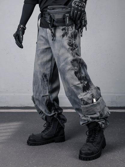 Graffiti Tie-Dye Fleece Lining Wide Leg Cargo Pants WN22463