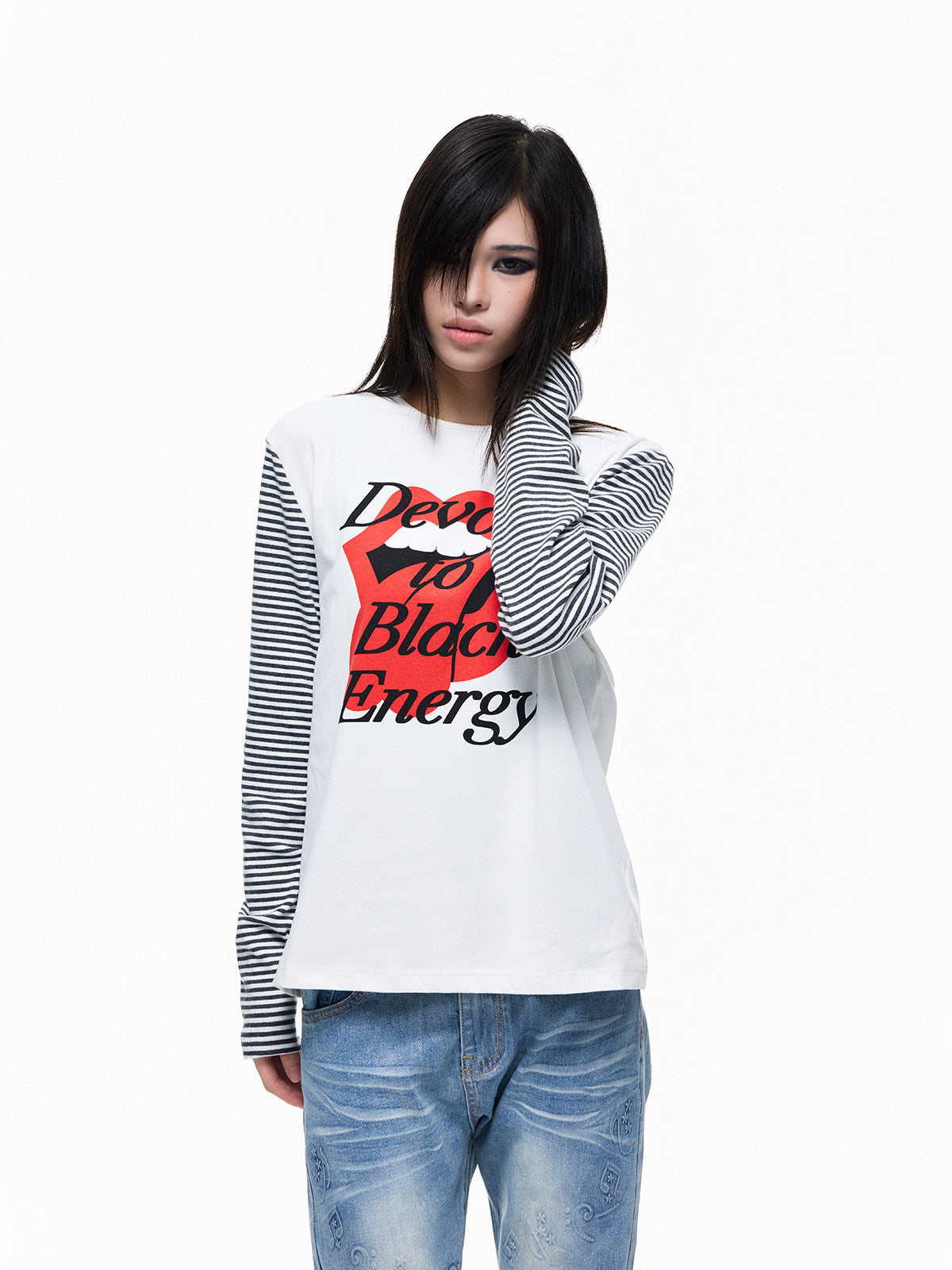 Stripe Panel Raglan Sleeve Print Long Sleeve T-Shirt WN27369