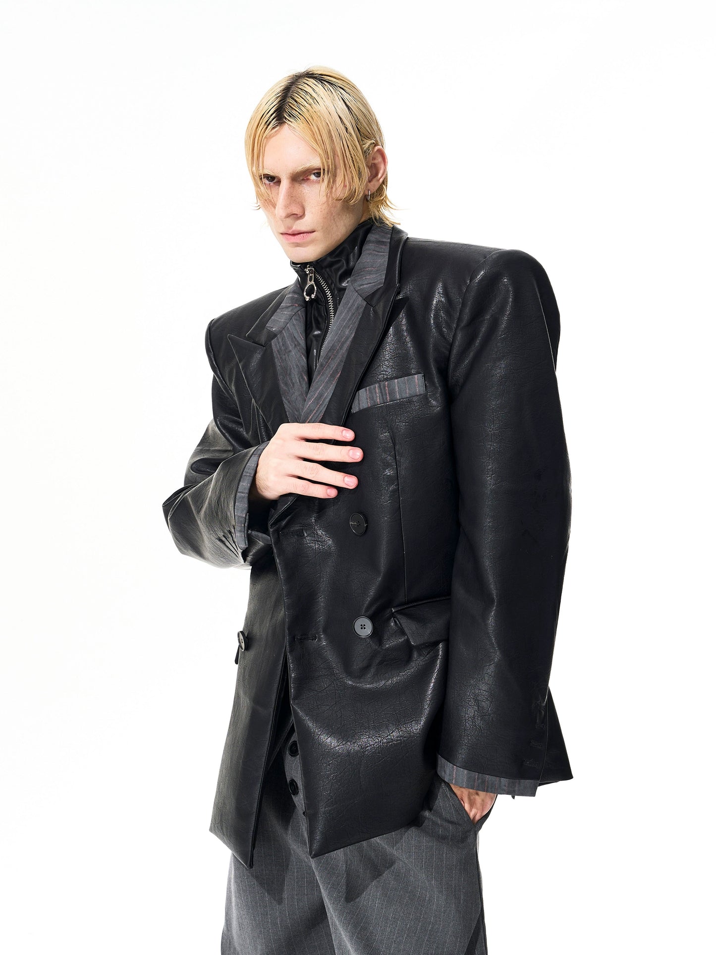 Texture Fake Layered PU Leather Tailored Jacket WN21834