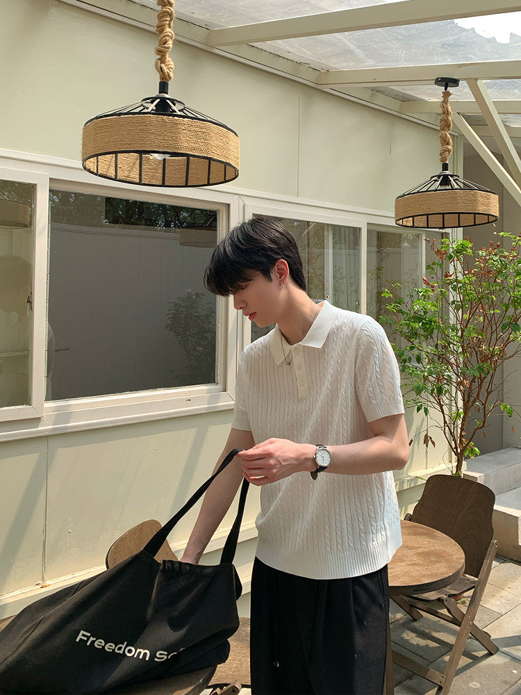 Cable-Knit Button-Placket Slim-Fit Short Sleeve Polo Shirt WN24855