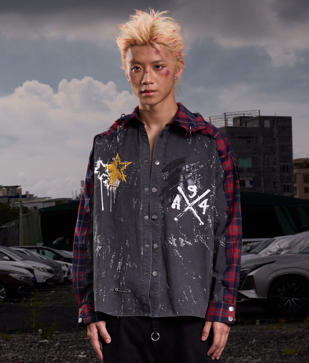 Patchwork Graffiti Washed Long Sleeve Shirt WN27155