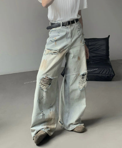 Washed Paint Damage High Waist Wide Leg Denim Jeans WN20088
