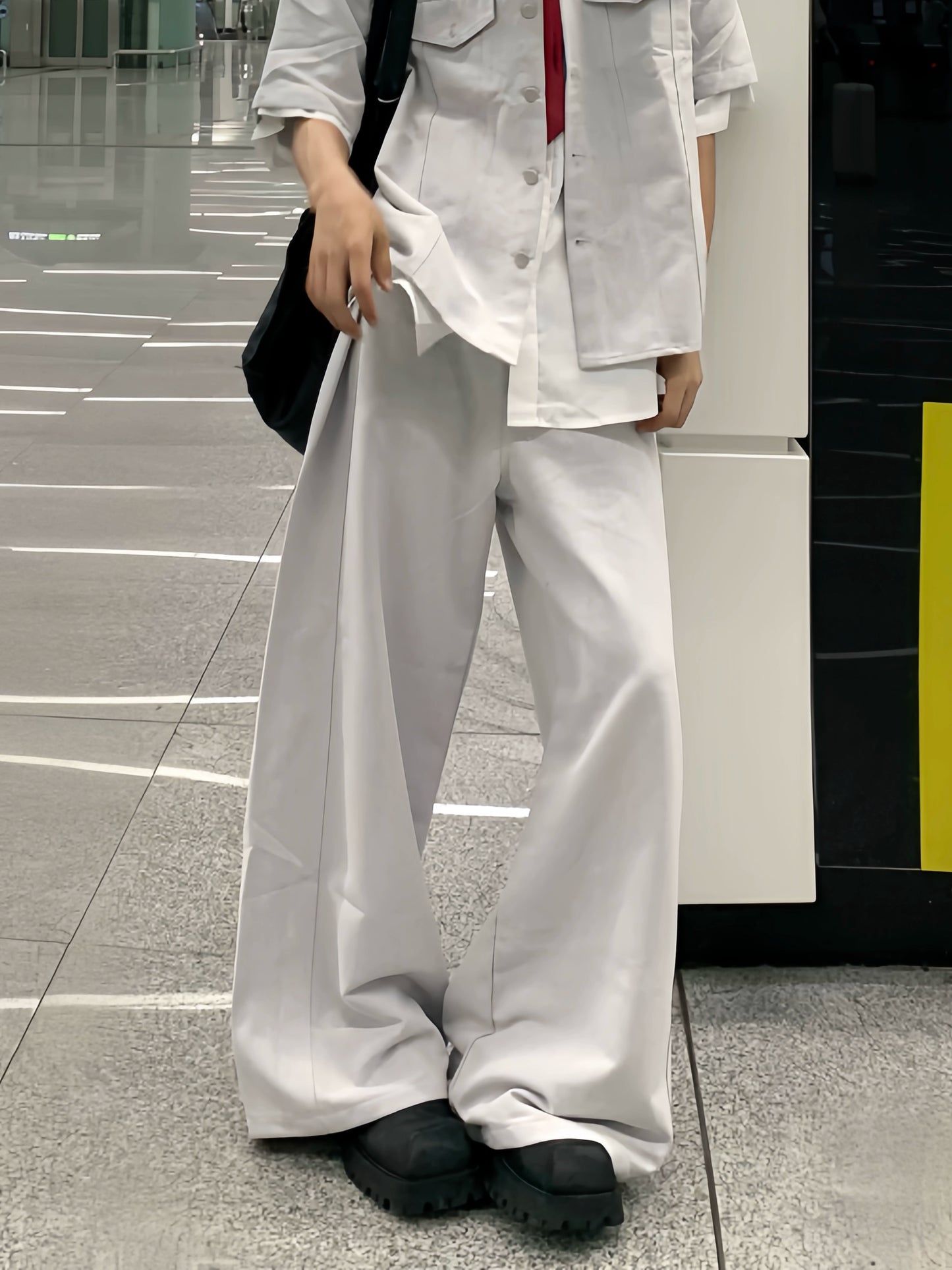 Striped Shoulder Lapel Short Sleeve Jacket & Wide Leg Pants Setup WN19777