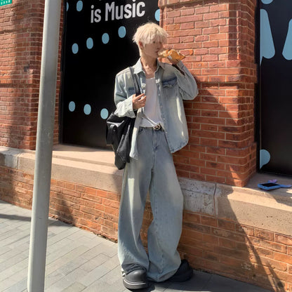 Stripe Washed Denim Short Sleeve Shirt & Wide Leg Denim Jeans Setup WN19815