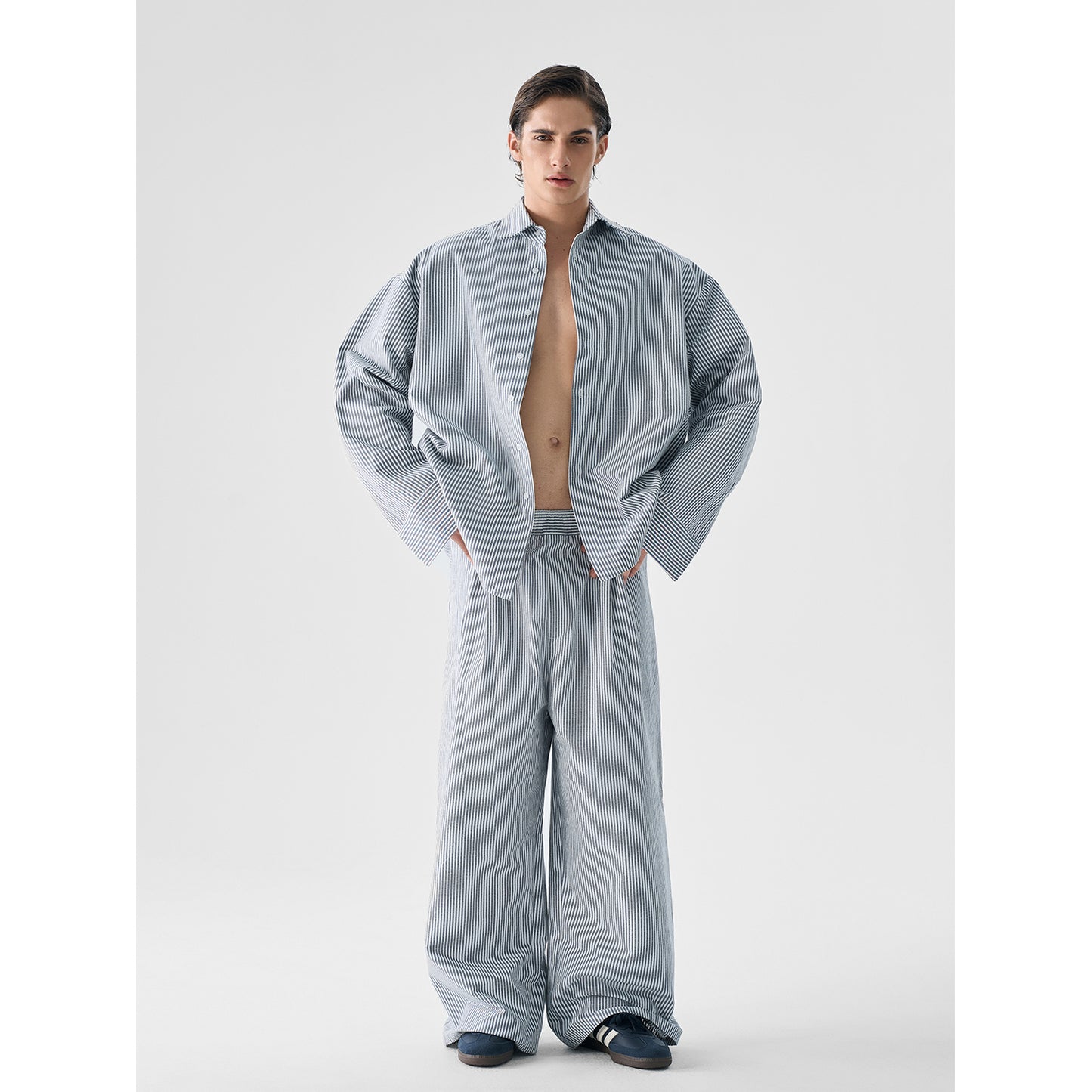 Linen Oversize Stripe Shirt & Stripe Wide-Leg Pants Setup WN15190