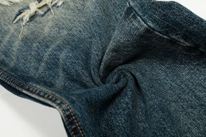 Damage Whisker Wash Straight Denim Jeans WN25951