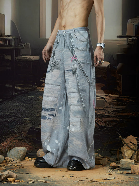 Painting Texture Chain Print Washed Wide Leg Denim Jeans WN18422