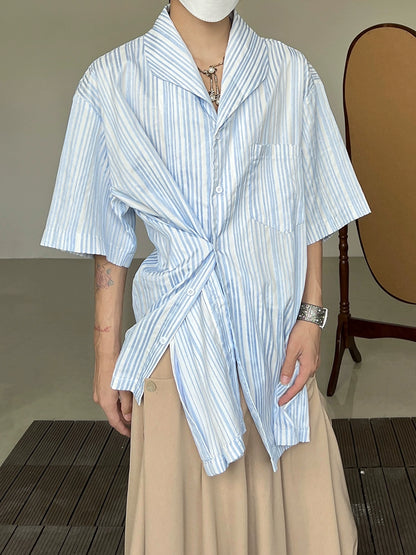 Stripe Irregular Cuban Collar Short Sleeve Shirt WN19999