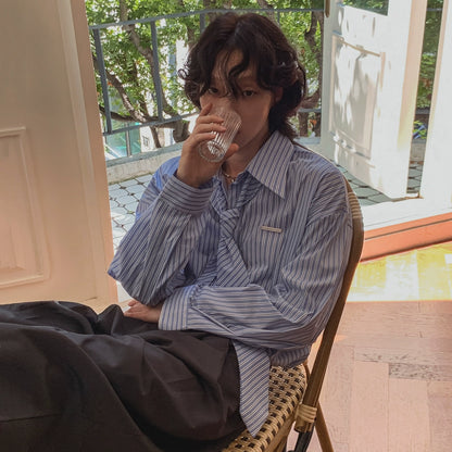With Tie Striped Oversize Long Sleeve Shirt WN20245