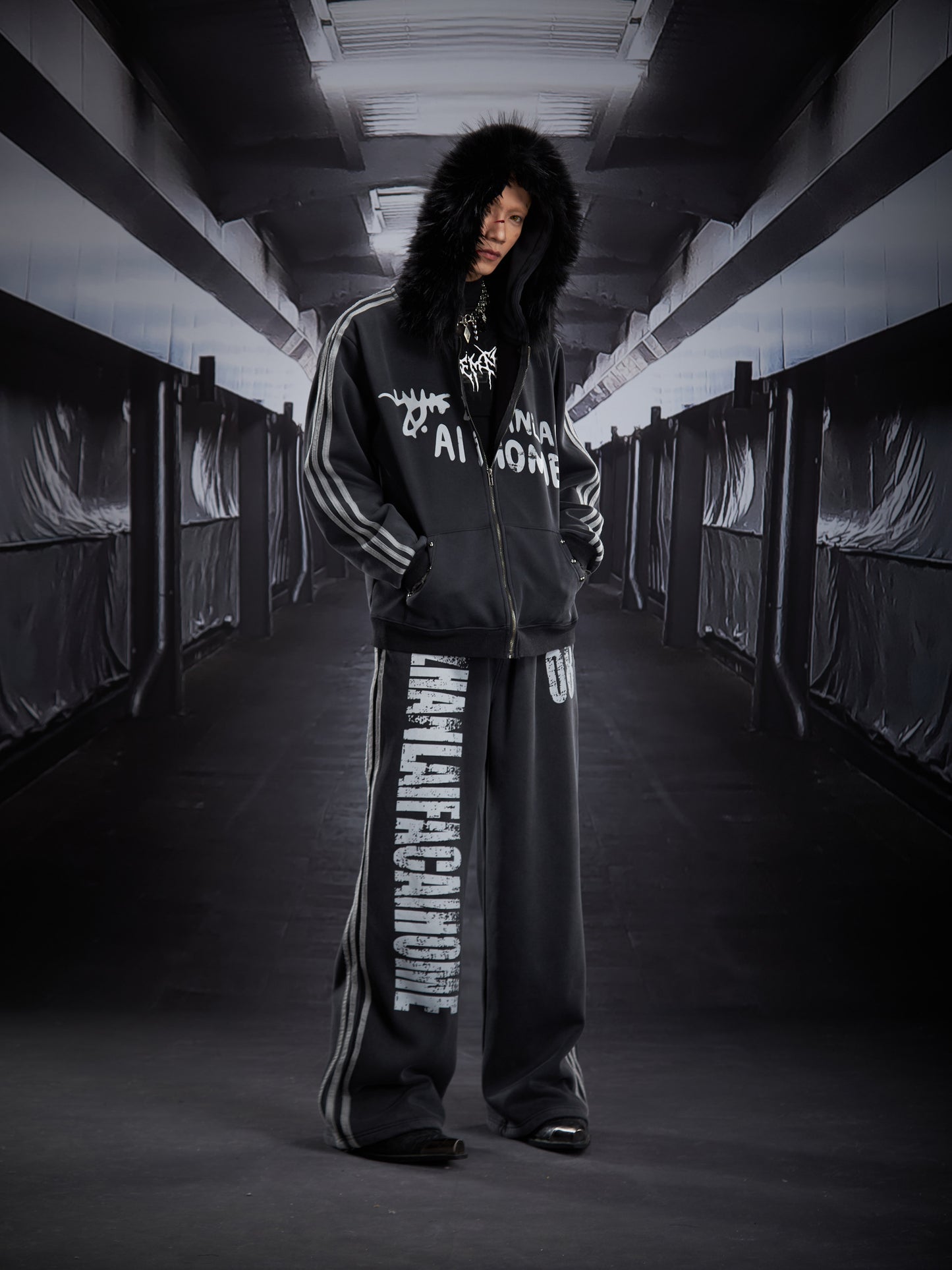 Print Fake Fur Zipper Hoodie & Print Wide Leg Sweatpants Setup WN22792