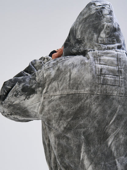 Mud Dye Pleats Hooded Denim Puffer Jacket WN27467