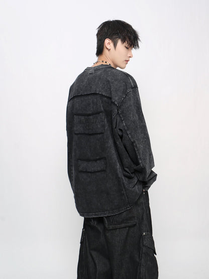 Washed Deconstructed Appliqué Oversize Long Sleeve T-Shirt WN24471