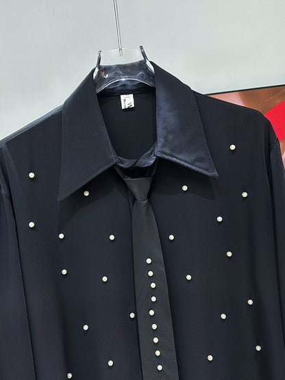 Shoulder-pad Lapel Drape Pearl Tie Long Sleeve Shirt WN23914