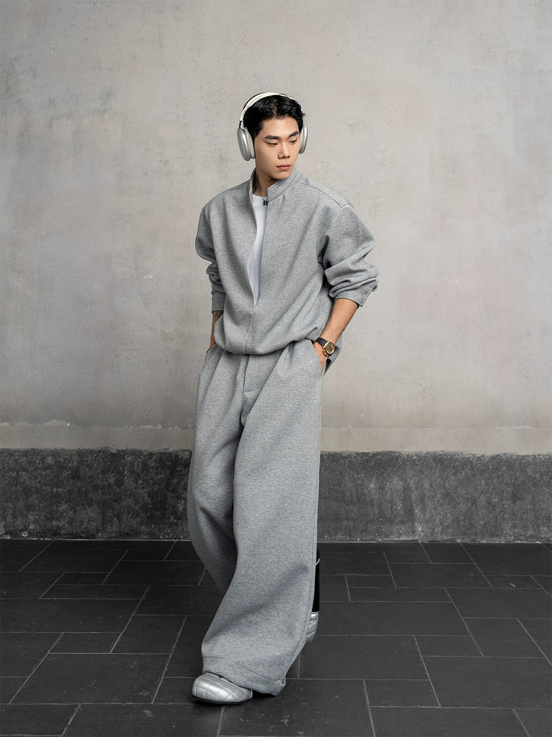 Fake Layered Stand Neck Sweatshirt & Pants Setup WN20869