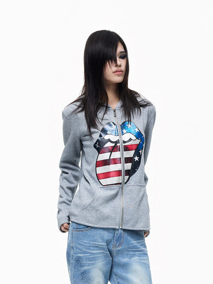 Graphic Print Side-Pocket Cropped Zipper Hoodie WN27332