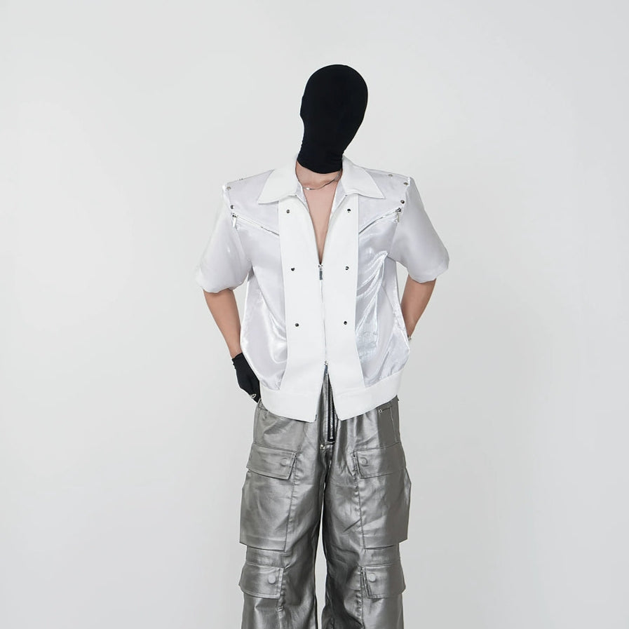 Short Zipper Jacket & Coated Wide Leg Denim Jeans Set WN17411