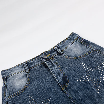 Washed Star Rhinestone Wide Leg Denim Jeans WN25458