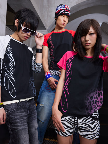 Raglan Leopard Letter Print Short Sleeve T-Shirt WN27236