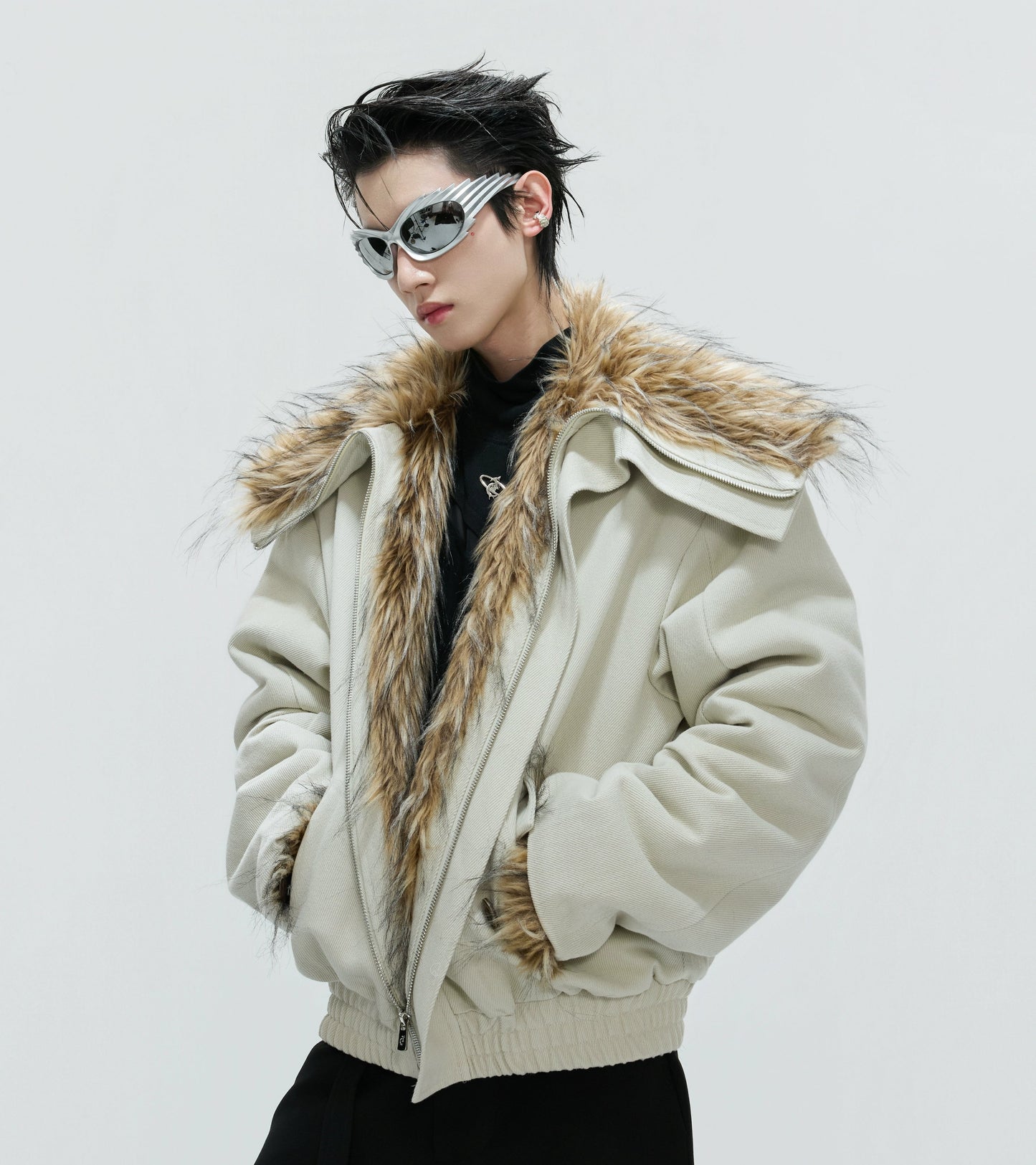 Washed Fake Fur Collar Lapel Thick Puffer Jacket WN21745
